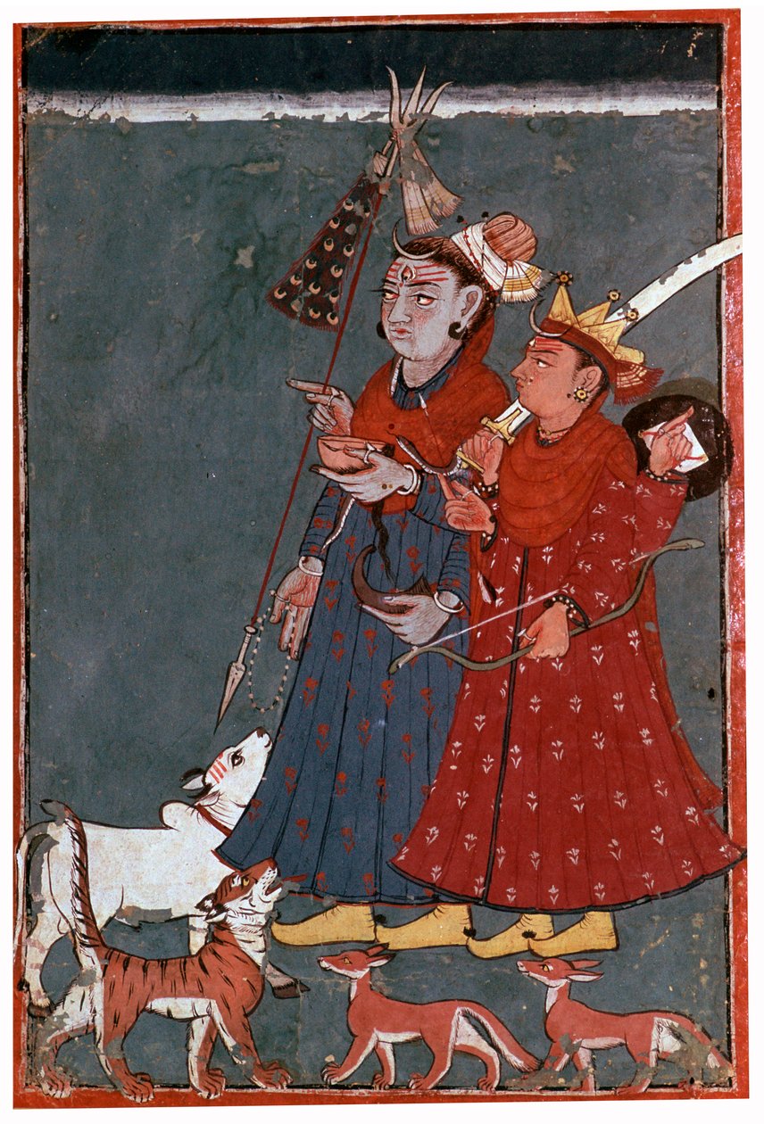 Målning av gudarna Shiva och Krishna tillsammans med en tjur, tiger och schakaler av Unbekannt