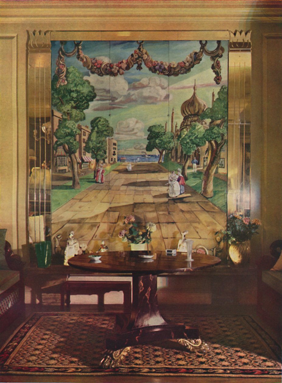 Panel som visar Regency Brighton, flankerad av pilastrar i spegelglas, 1933. av Unbekannt