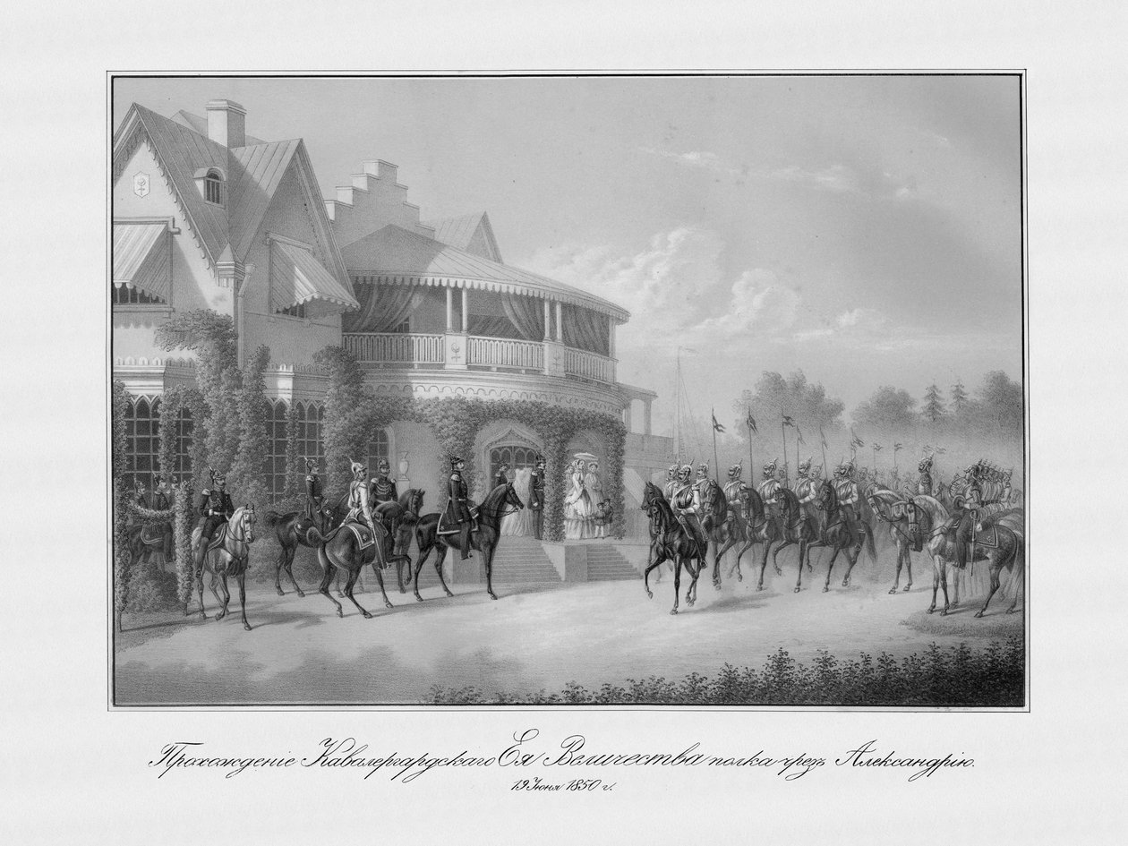 Parad av Chevalier Guards regemente vid Cottege Palace i Alexandria Park i Peterhof, 185 av Unbekannt