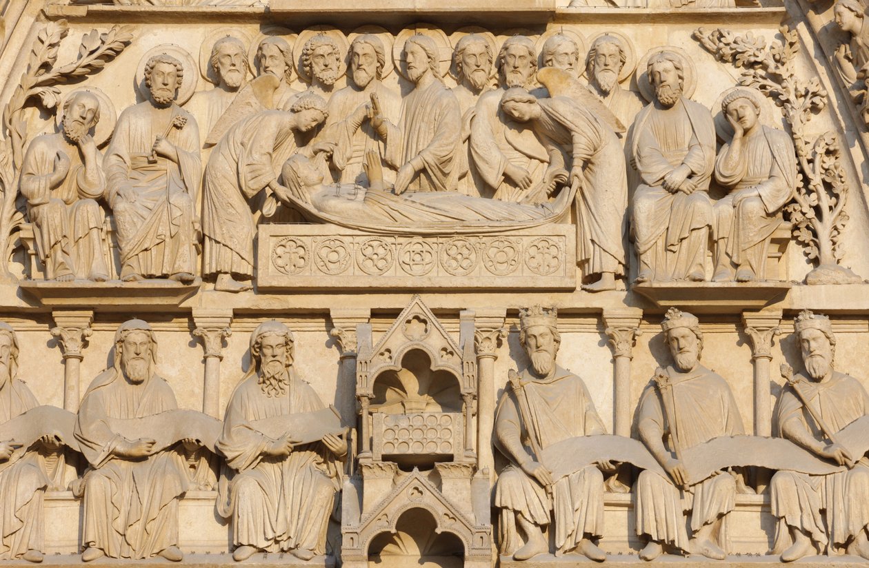 Paris Notre Dame katedral västra flygeln: Jungfruporten: Maria på sin dödsbädd omgiven av Jesus och apostlarna, Paris, Frankrike av Unbekannt