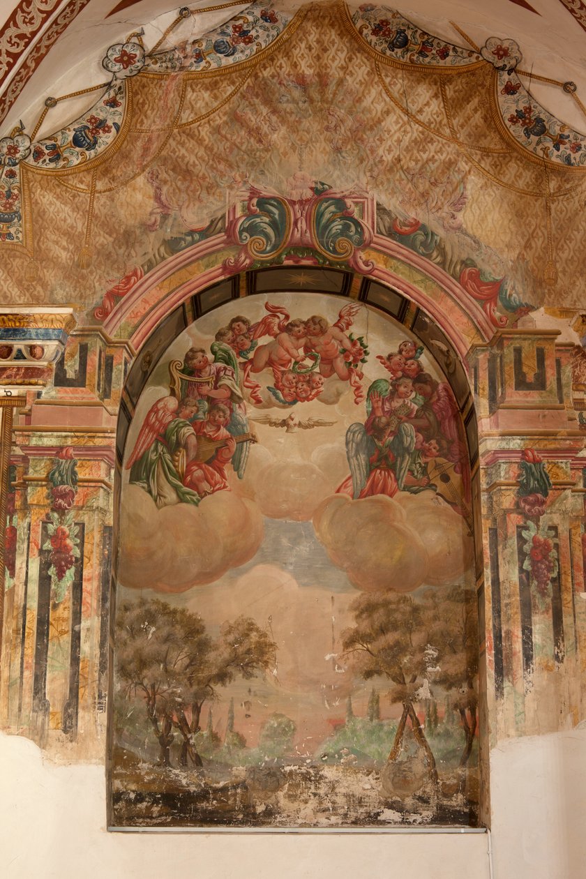 Församlingskyrka (Iglesia de San Agustín). Interiör. Ett kapell. Väggmålningar. Skolan i Zurbaran. Ett kapell. Barock. 1600-talet. av Unbekannt