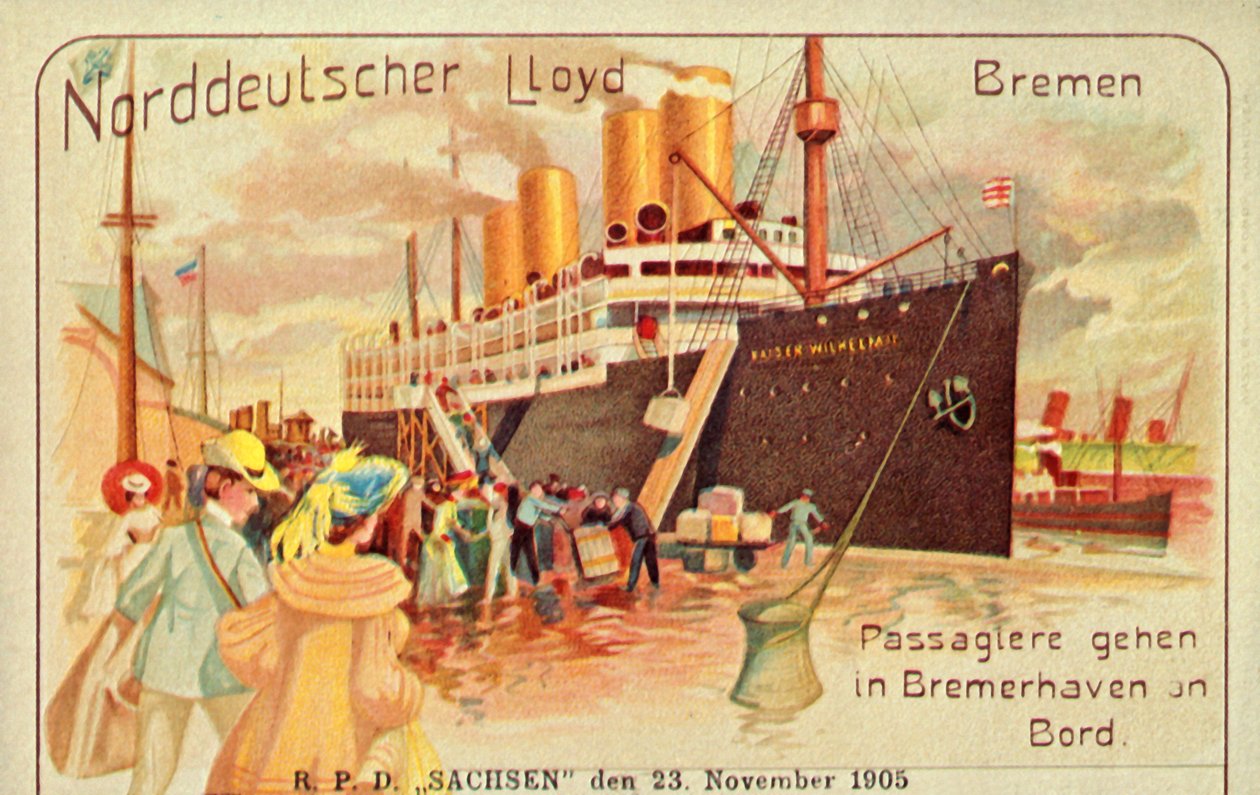 Passagerare går ombord på jätten SS Kaiser Wilhelm II i Bremerhaven, 1905. av Unbekannt