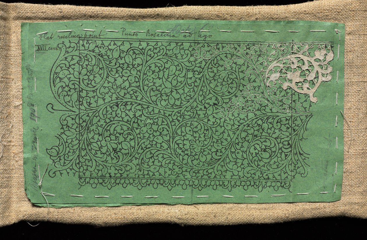 Mönster för spets med liten del av venetiansk spetsspets arbetade på det, 1600-talet. av Unbekannt