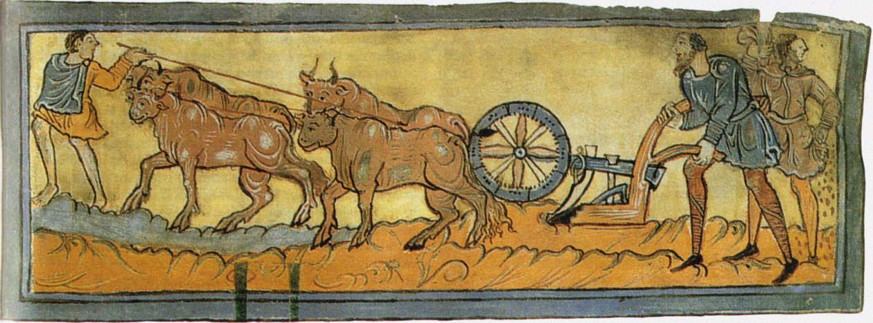 Bönder som plöjer miniatyr från Cotton MS Tiberius, 1000-talet av Unbekannt