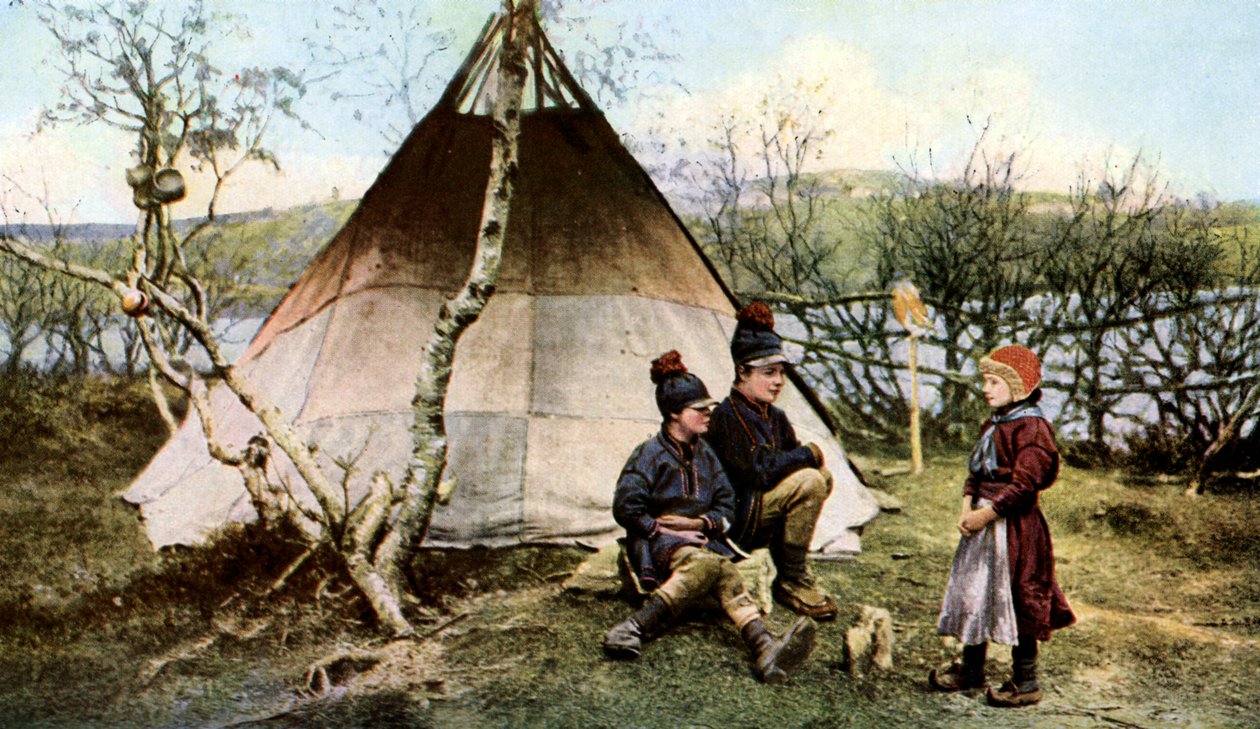 Människor med ett traditionellt tält, Lappland, Sverige, c1923 av Unbekannt