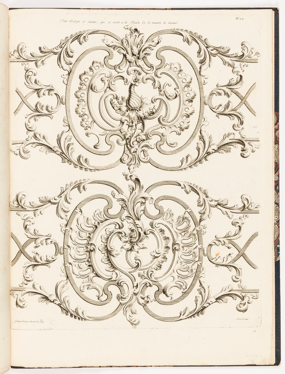 Petit Balçon och Next, som ser fasaden på författarens hus (liten balkong och annat grillverk från Jean Lamours bostad), pl. 23 i samling av låssmedarbeten av Unbekannt