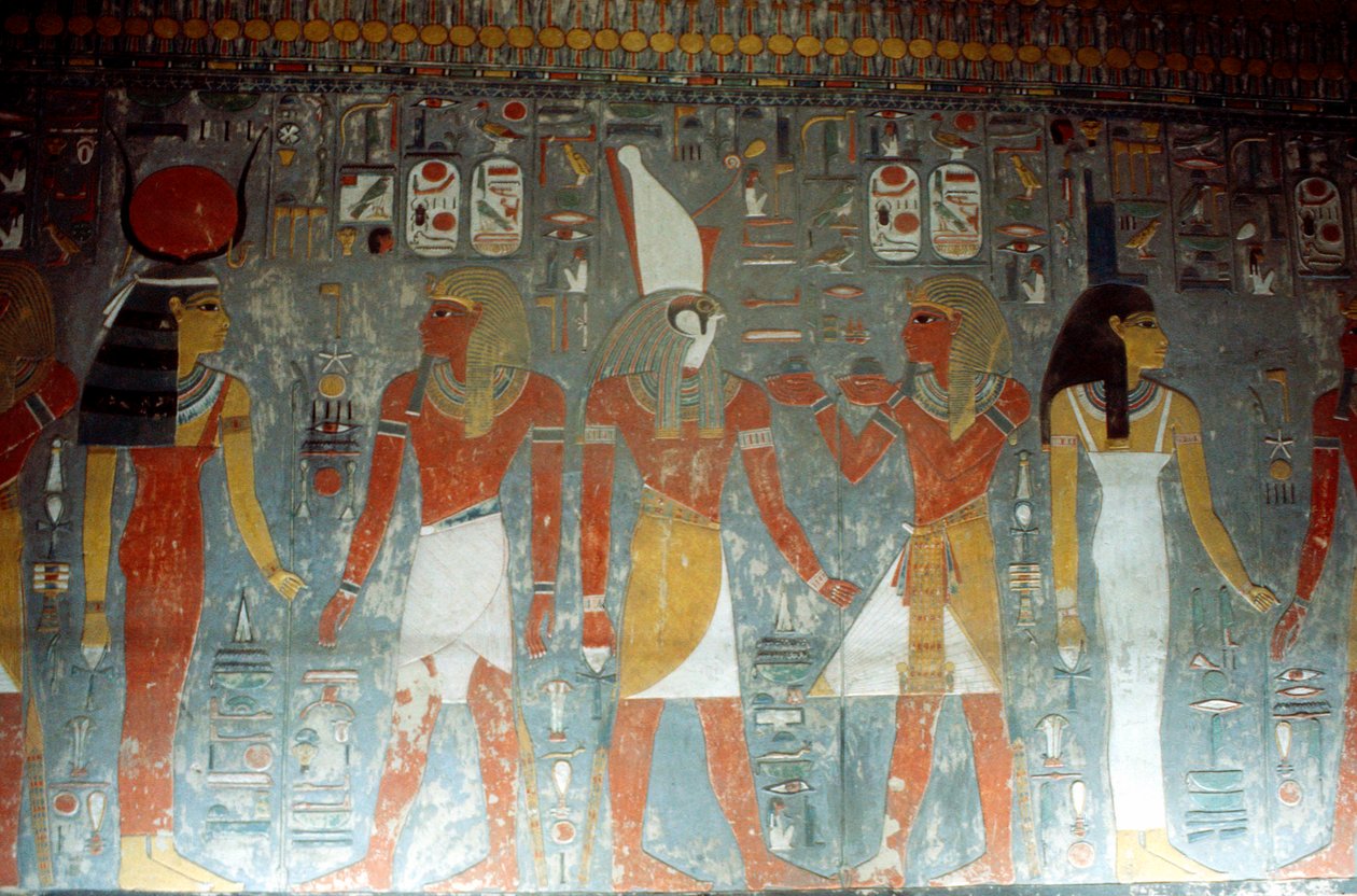 Farao Horemheb med gudinnan Isis och guden Horus, fornegyptisk, 1300-talet f.Kr. av Unbekannt