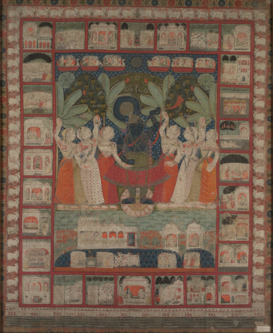 Pichvai vägghängande med dyrkan av Shri Nathaji, 1825-1850. av Unbekannt