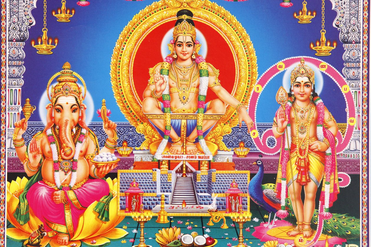 Bild på hinduiska gudarna Ganesha, Ayyappa och Subramanya Indien av Unbekannt