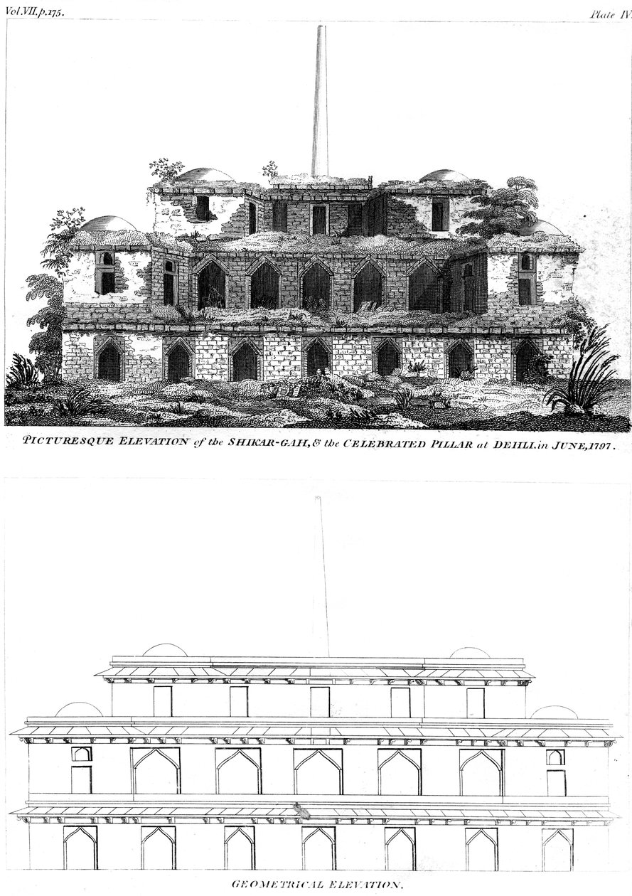 Pittoresk höjd av Shikar Gah och den berömda pelaren i Delhi, juni 1797 1799 av Unbekannt