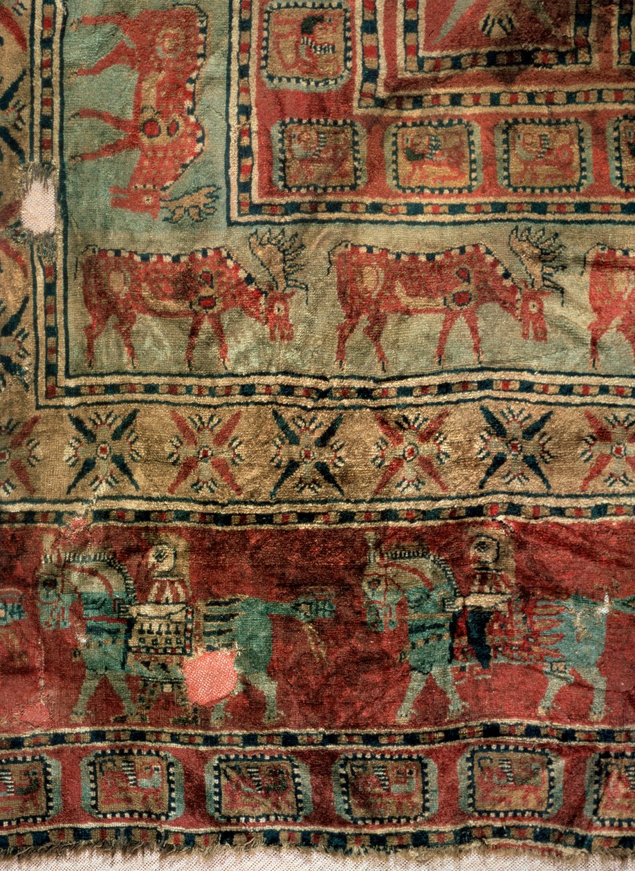 Pile Carpet Detail: Dovhjortar och ryttare, 500-400-talet f.Kr av Unbekannt