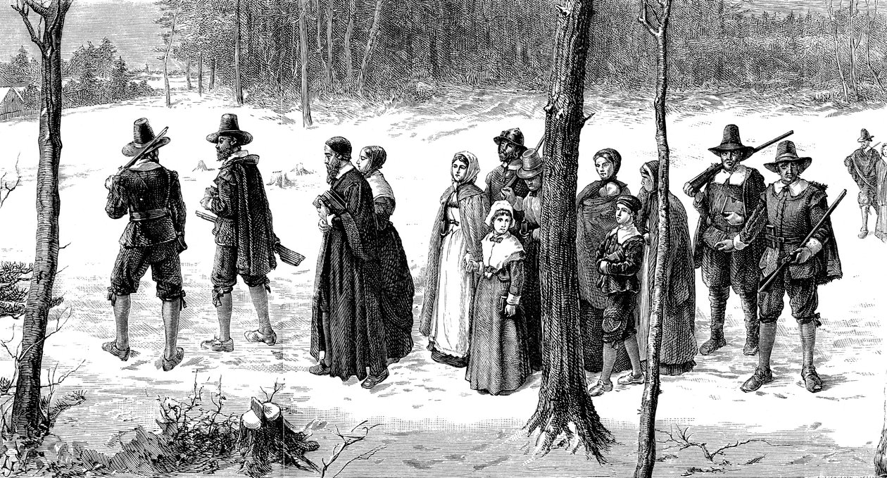Pilgrimsfäder på väg till kyrkan, 1620 av Unbekannt