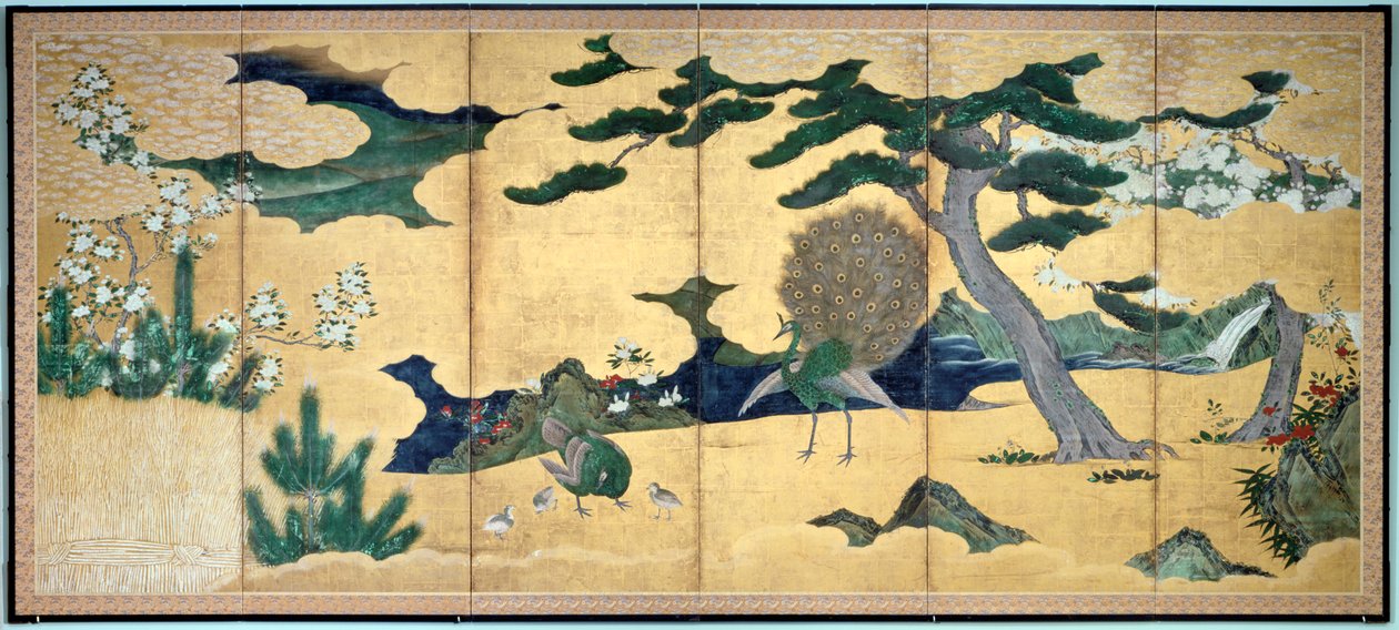 Tallar och påfåglar, japansk Edo-period, tidigt 1600-tal av Unbekannt