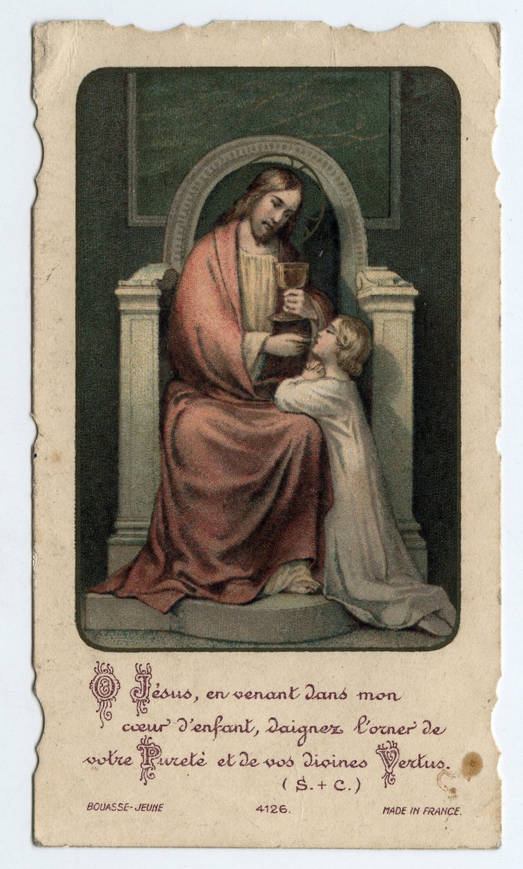Fromma bild: Jesus ger värden till ett litet barn - Bild ges för en första nattvard 1931 av Unbekannt