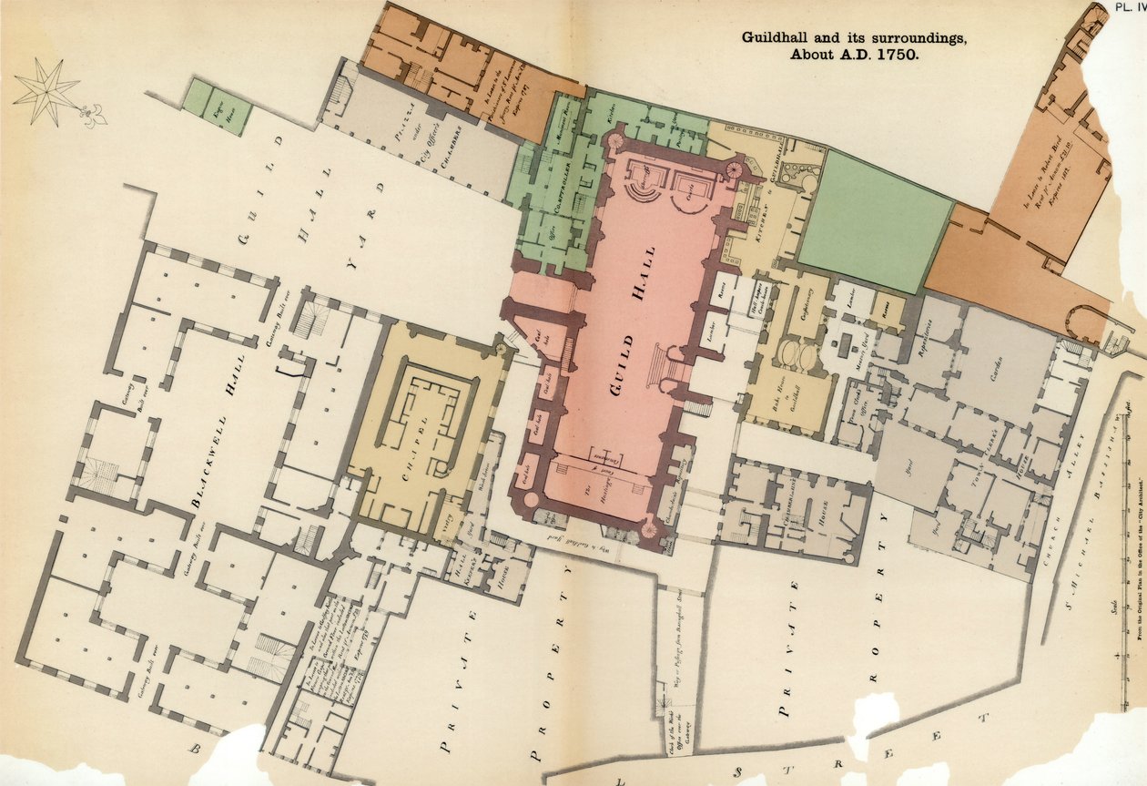 Plan över Guildhall och dess omgivningar, City of London, c1750 1886 av Unbekannt