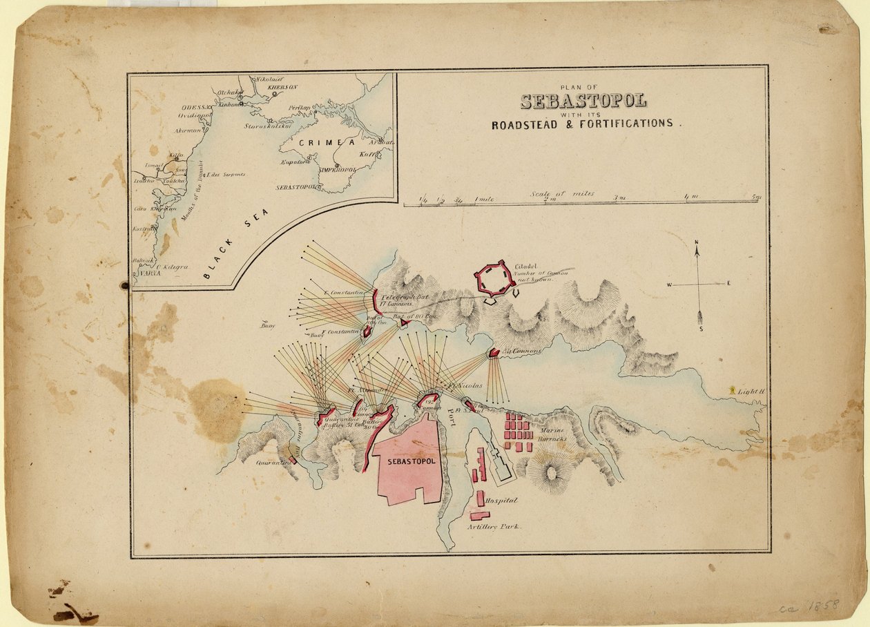 Plan över Sevastopol med dess väggård och befästningar, ca. 1858 av Unbekannt