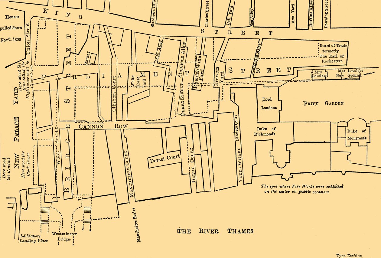 Plan över en del av Westminster mellan 1734 och 1748 - före uppförandet av Parliament Street, av Unbekannt