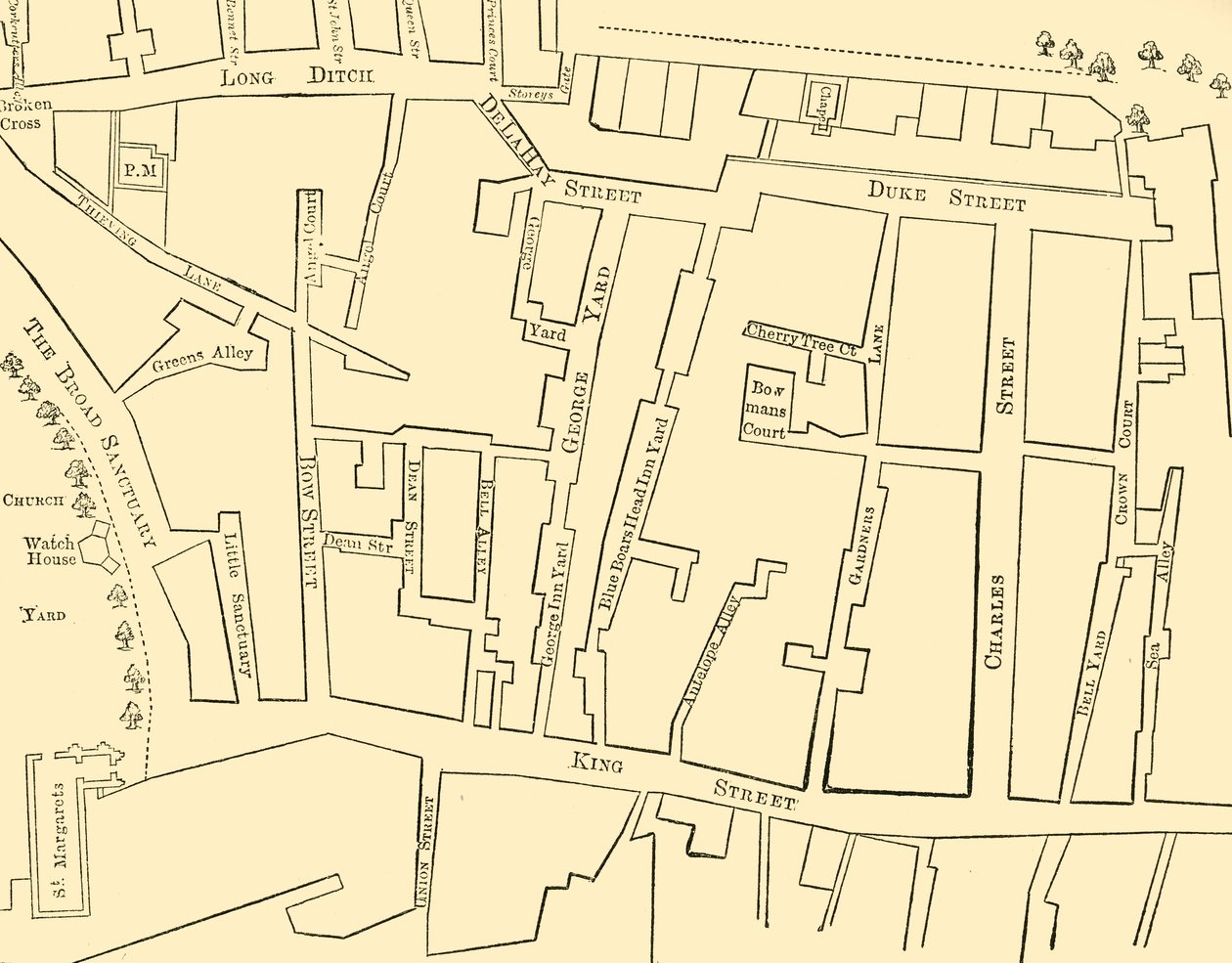 Plan över en del av Westminster mellan 1734 och 1748 - före uppförandet av Great George Street av Unbekannt