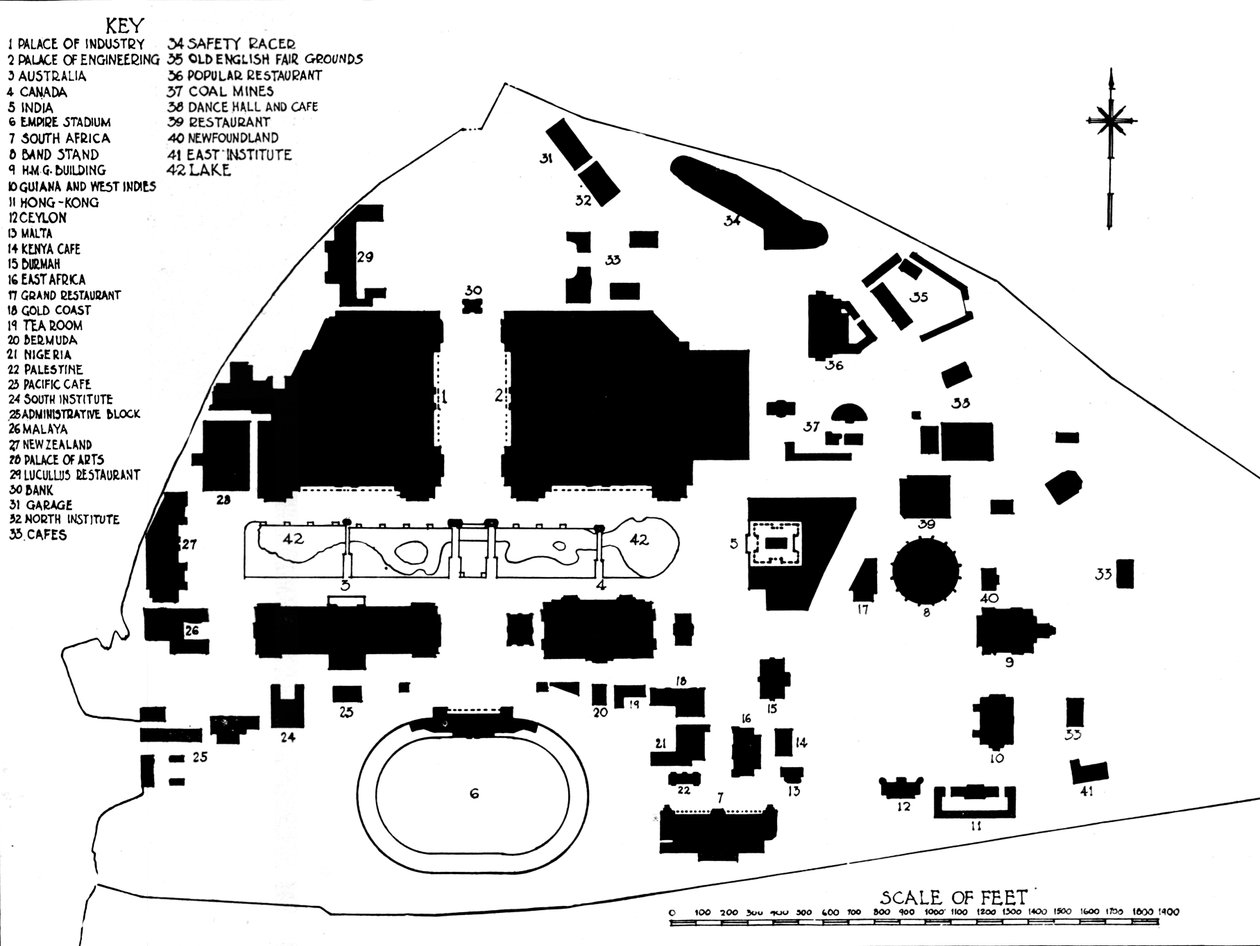 Plan över British Empire Exhibition, Wembley, som visar disposition av huvudbyggnader, 1924 av Unbekannt