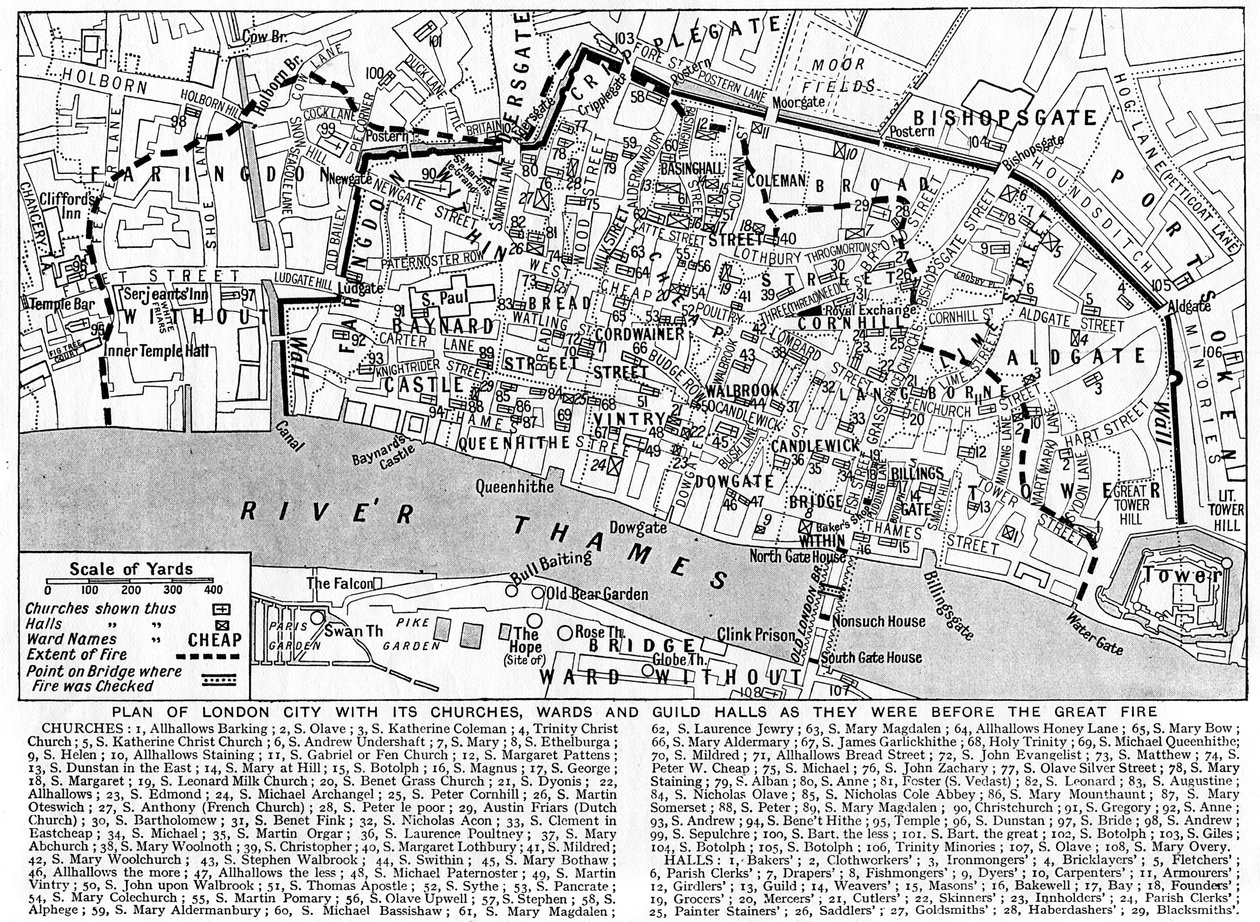 Plan över London City som visar kyrkor, församlingar och skråhallar, 1926-1927 av Unbekannt