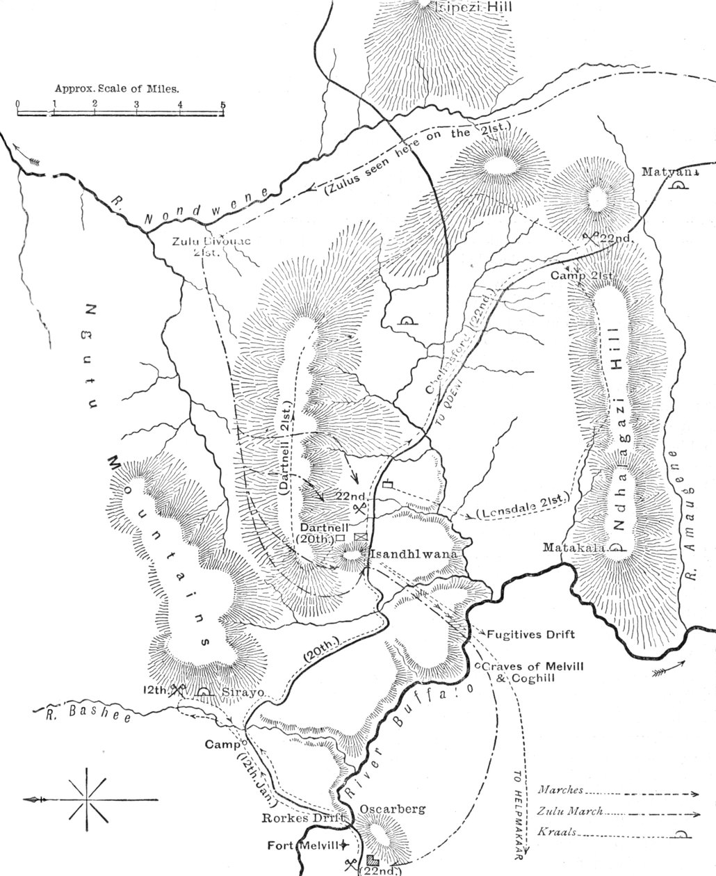 Plan för Marches nära Isandhlwana mellan 12 och 22 januari 1879, c1880 av Unbekannt