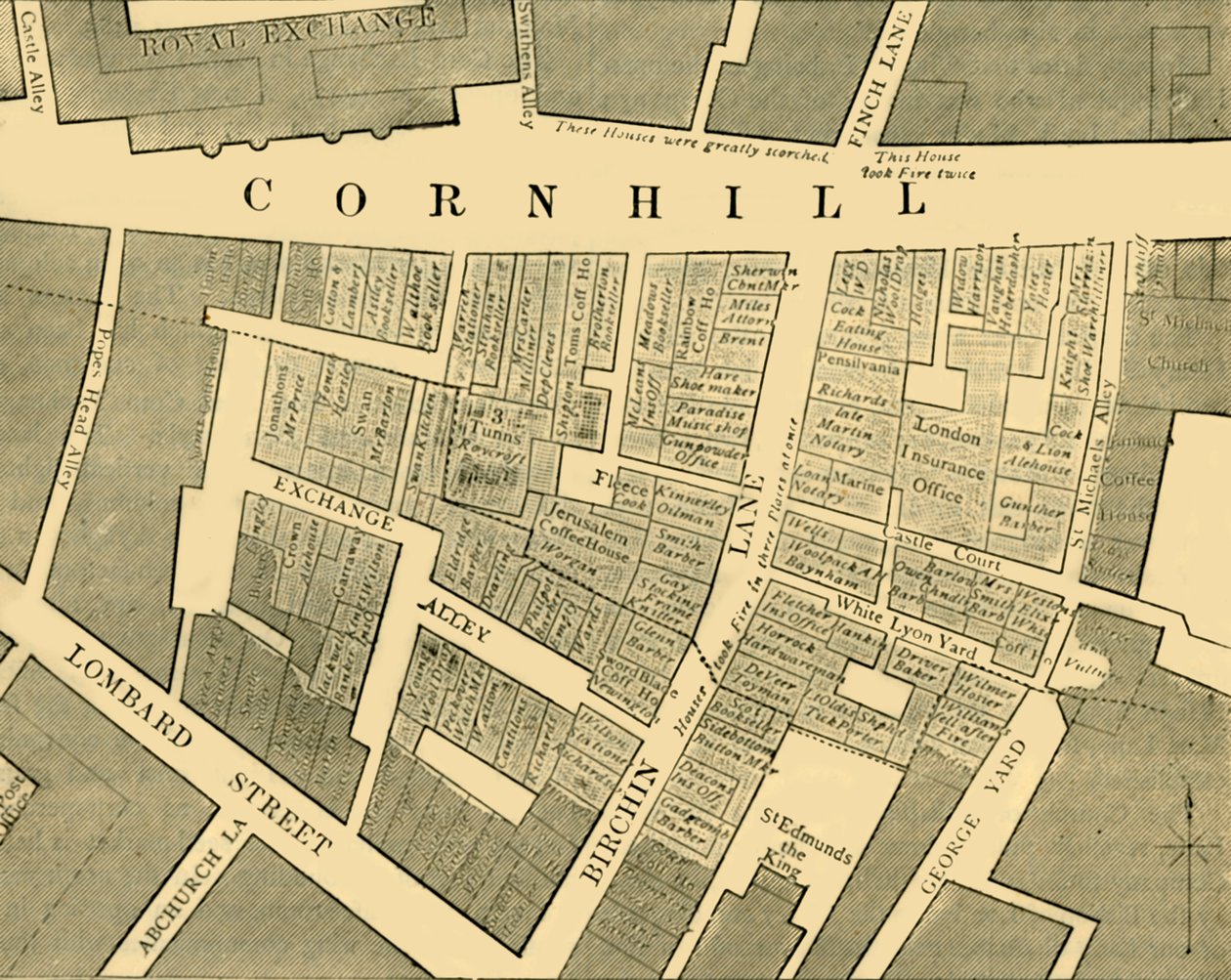 Plan som visar omfattningen av den stora branden i Cornhill 1748, c1872. av Unbekannt