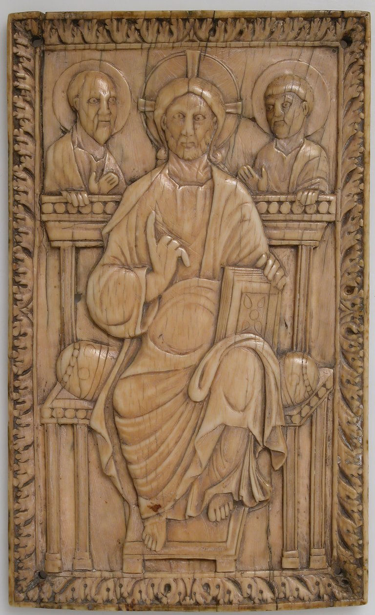 Tavla med Kristus på tronen med två apostlar, karolinska, 850-875. av Unbekannt