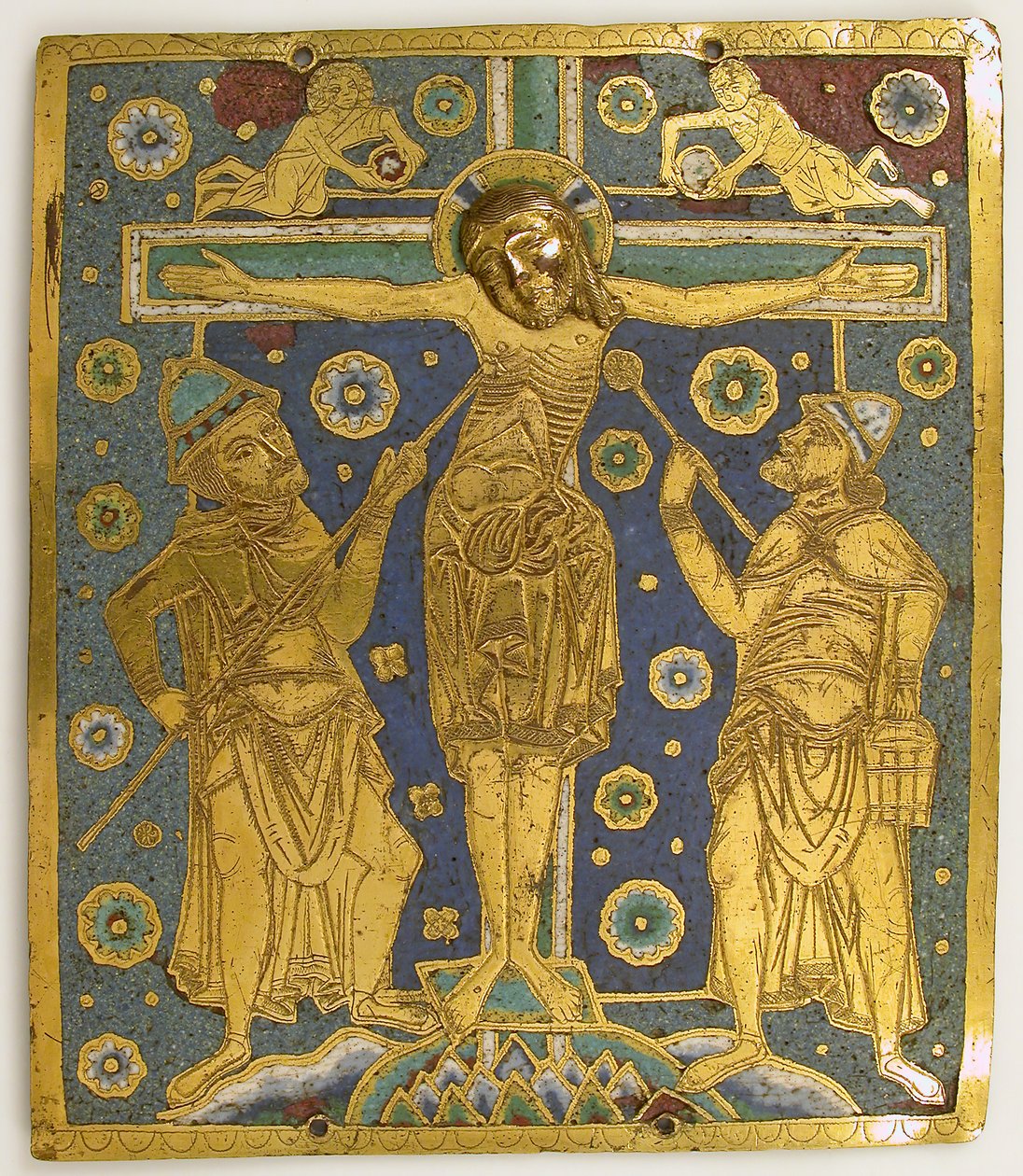 Platta med korsfästelsen mellan Longinus och Stephaton och personifikationer..., tyska, c1200. av Unbekannt