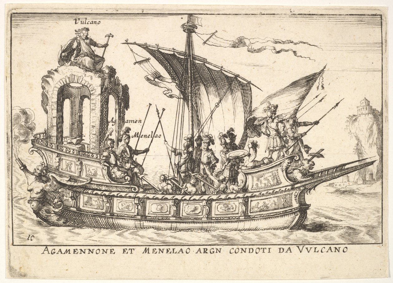 Plåt 10: Agamemnon och Menelaos sitter i en båt tillsammans med andra figurer inklusive V..., 1664. av Unbekannt