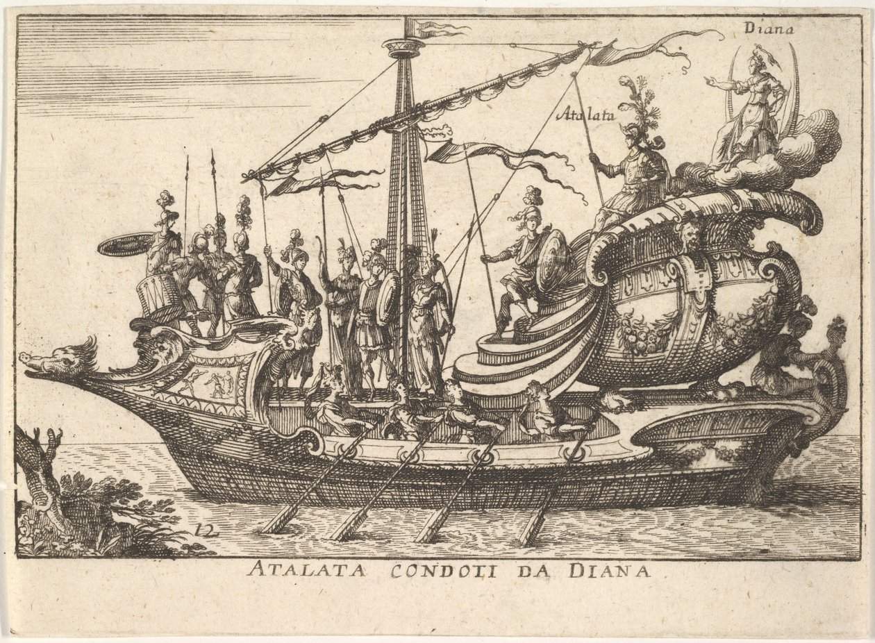 Plåt 12: Atalanta ledd av Diana Atalanta condotti da Diana, åtföljd av krigare bearin..., 1664. av Unbekannt