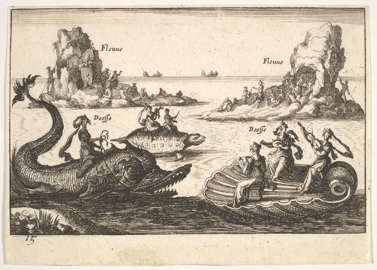 Plåt 15: Floder och gudinnor, med flytande öar styrda av stolpbärare, kvinnlig figur..., 1664. av Unbekannt