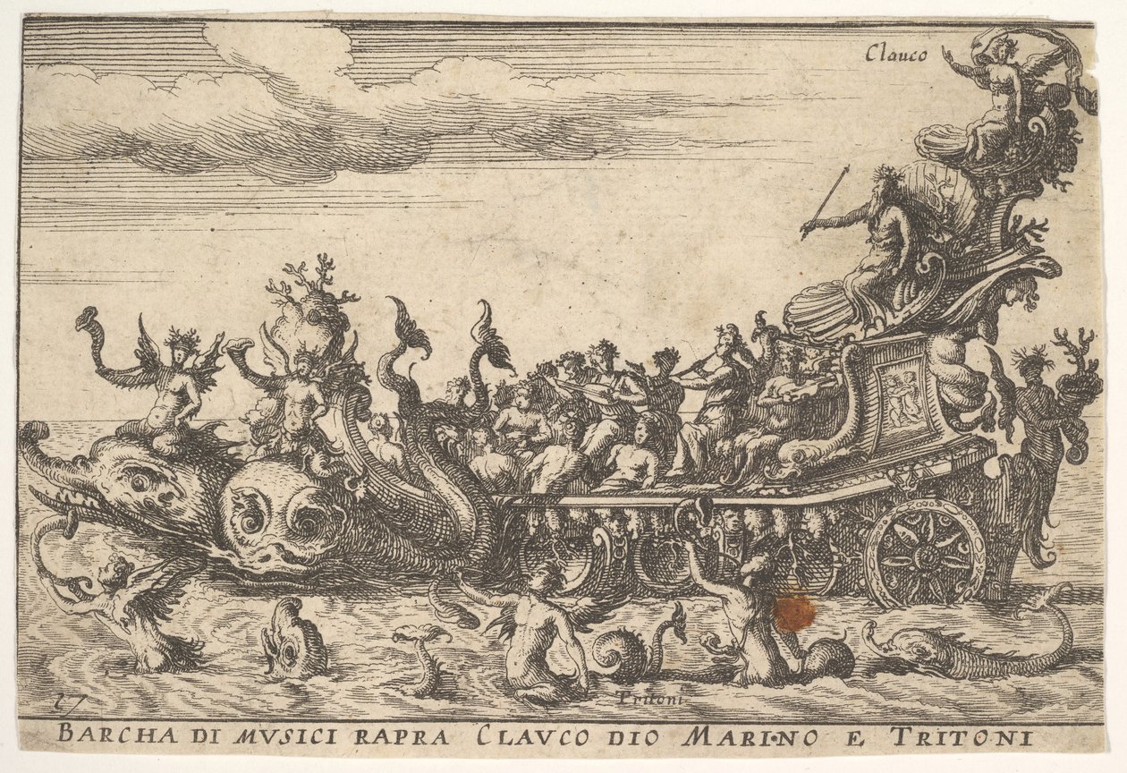 Plåt 16: Musikerskepp med havsguden Claucus och tritons Barcha di musici rapra C..., 1664. av Unbekannt