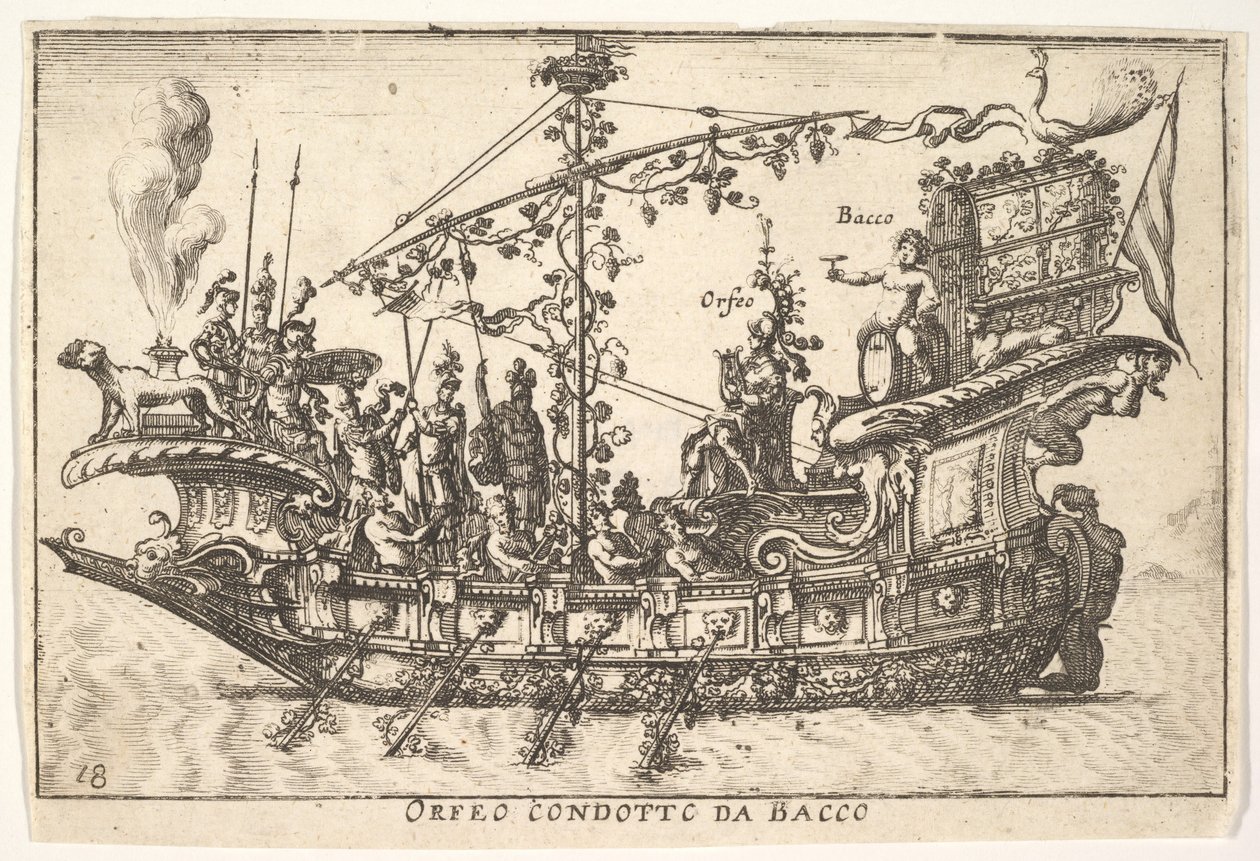Plåt 18: Orpheus ledd av Bacchus Orfeo ledd av Bacchus, från serien The magnifice ..., 1664. av Unbekannt