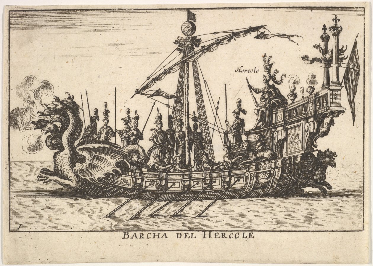 Plåt 1: Hercules skepp Barcha del Hercole, med drakhuvud och Hercules på pl..., 1664. av Unbekannt