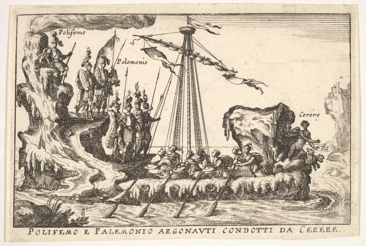 Plåt 8: Polyphemus och Palemonius ledda av Ceres Polifemo och Palemonio Argonauti dirigerade d ..., 1664. av Unbekannt