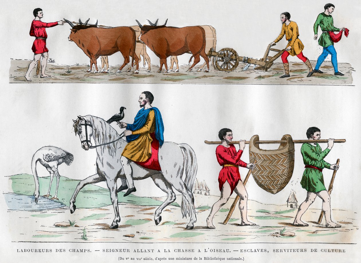 Plöjning, en herre som jagar med en fågel, en slav och två tjänare, 500-700-talet 1882-1884 av Unbekannt
