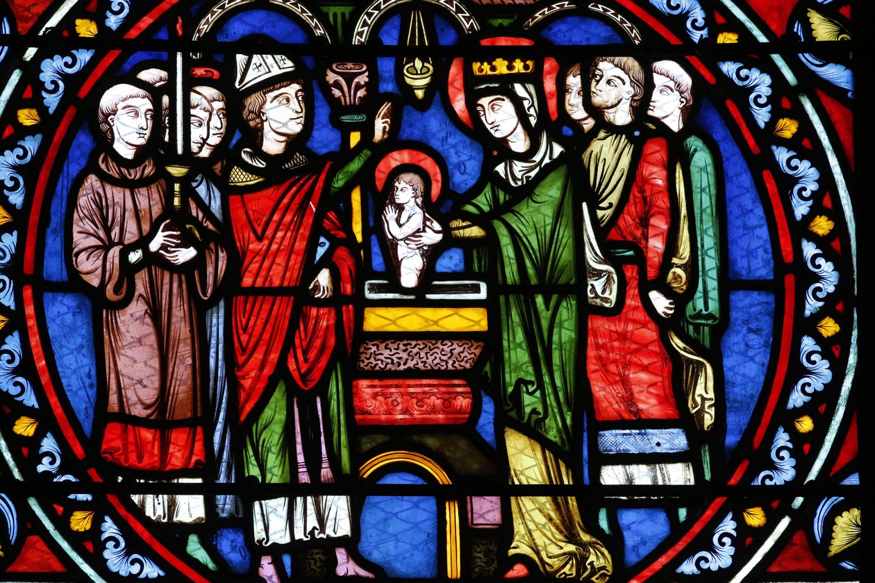 Poissy kollegiala kyrka. Fönster i målat glas. Dop av Saint Louis, Poissy, Frankrike av Unbekannt