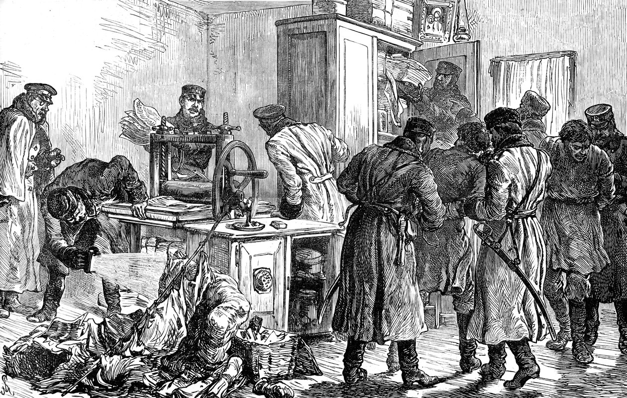 Polis upptäcker en nihilisttryckpress, St Petersburg, Ryssland, 1887 av Unbekannt