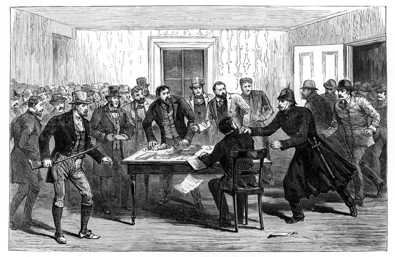 Polisrazzia mot National Rent Offices i Loughrea, Irland, 1887 av Unbekannt