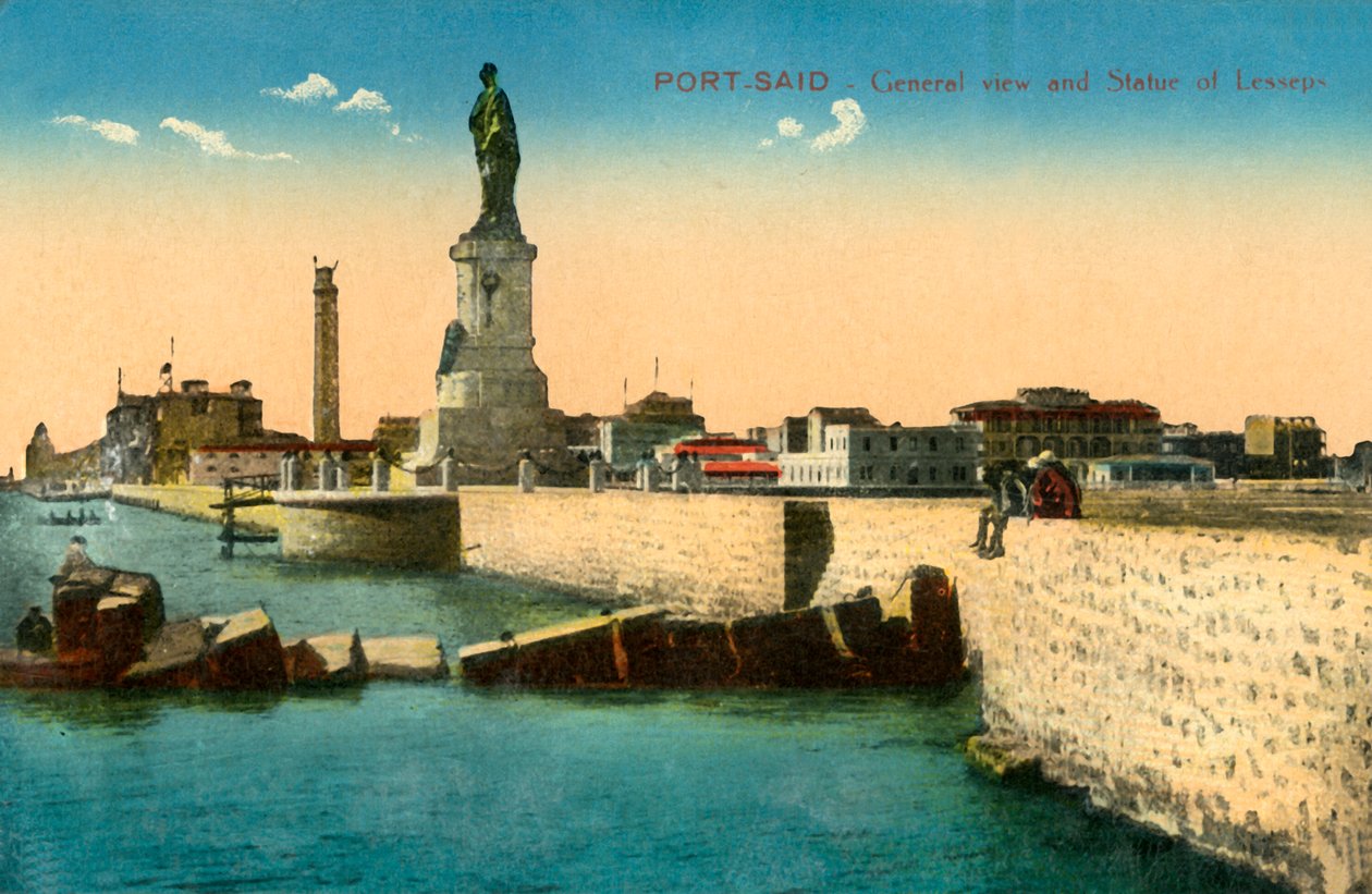 Port-Said - Översikt och staty av Lesseps, c1918-c1939. av Unbekannt