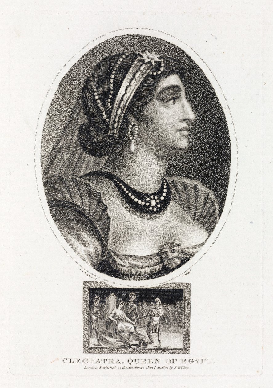 Porträtt av Cleopatra (Thea Philopator, 69-30 f.Kr.), med en scen som beskriver hennes tillträde till Egyptens tron, omgiven av romerska legionärer av Unbekannt