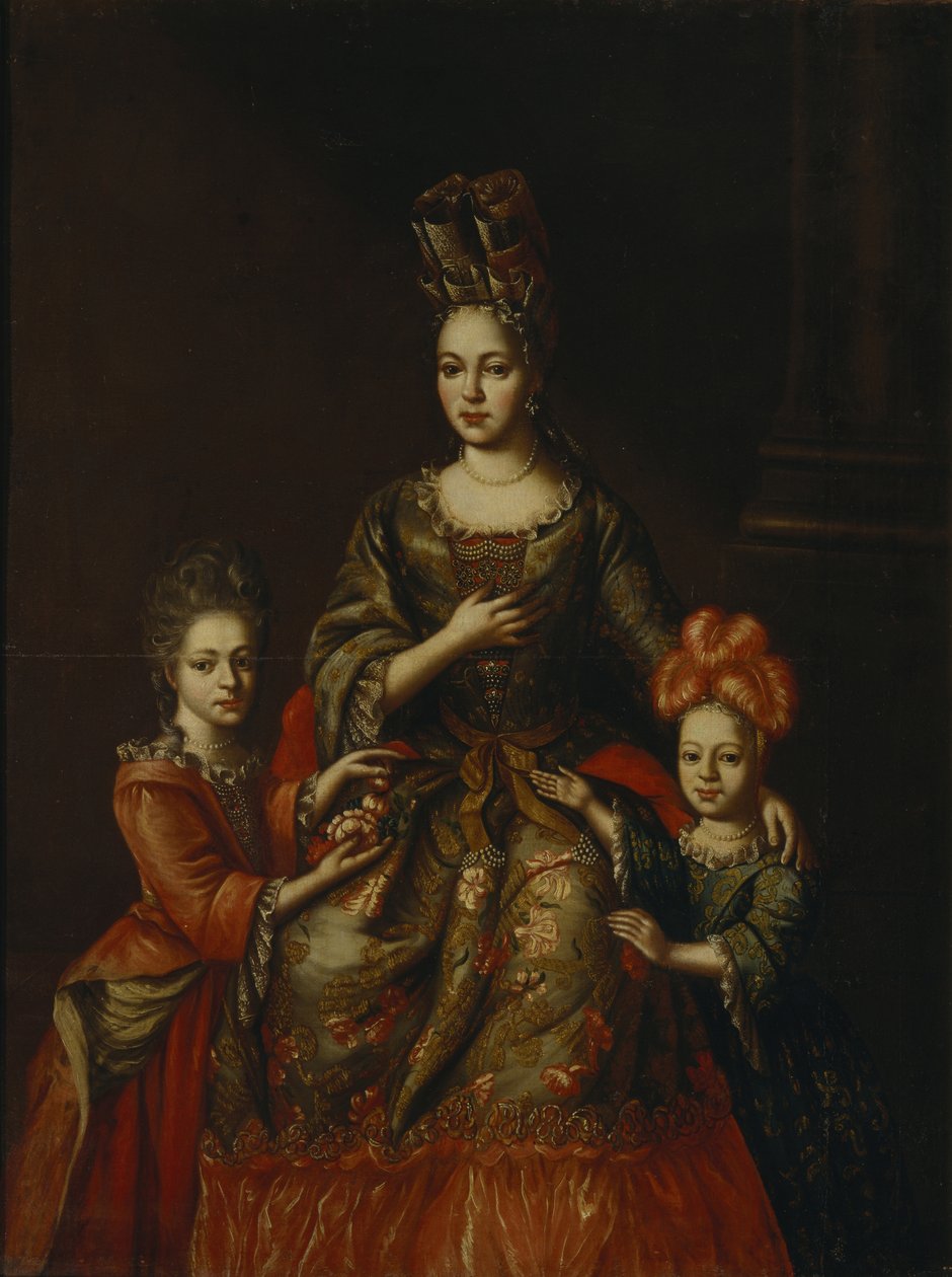 Porträtt av Anastasiya Yakovlevna Naryshkina med barn Alexandra Kirillovna och Tatyana Kirillovna, tidigt 1700-tal. av Unbekannt