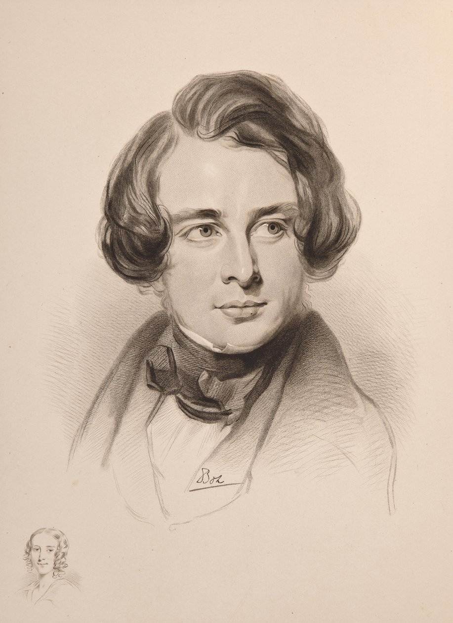 Porträtt av Charles Dickens. Skiss över Dickens syster Fanny, längst ner till vänster, 1842. av Unbekannt