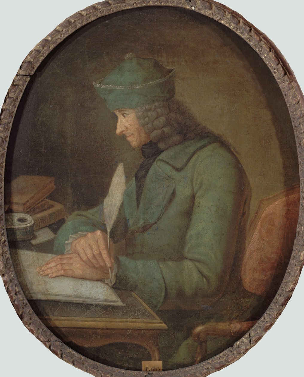 Porträtt av Francois Marie Arouet de Voltaire 1694-1778, i hans arbetsrum, 2:a hälften av 1700-talet. av Unbekannt
