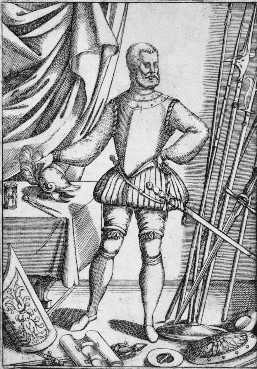 Porträtt av Giacomo Di Grassi, som visar vapen som han lärde sina elever att använda, 1575, 1936 av Unbekannt