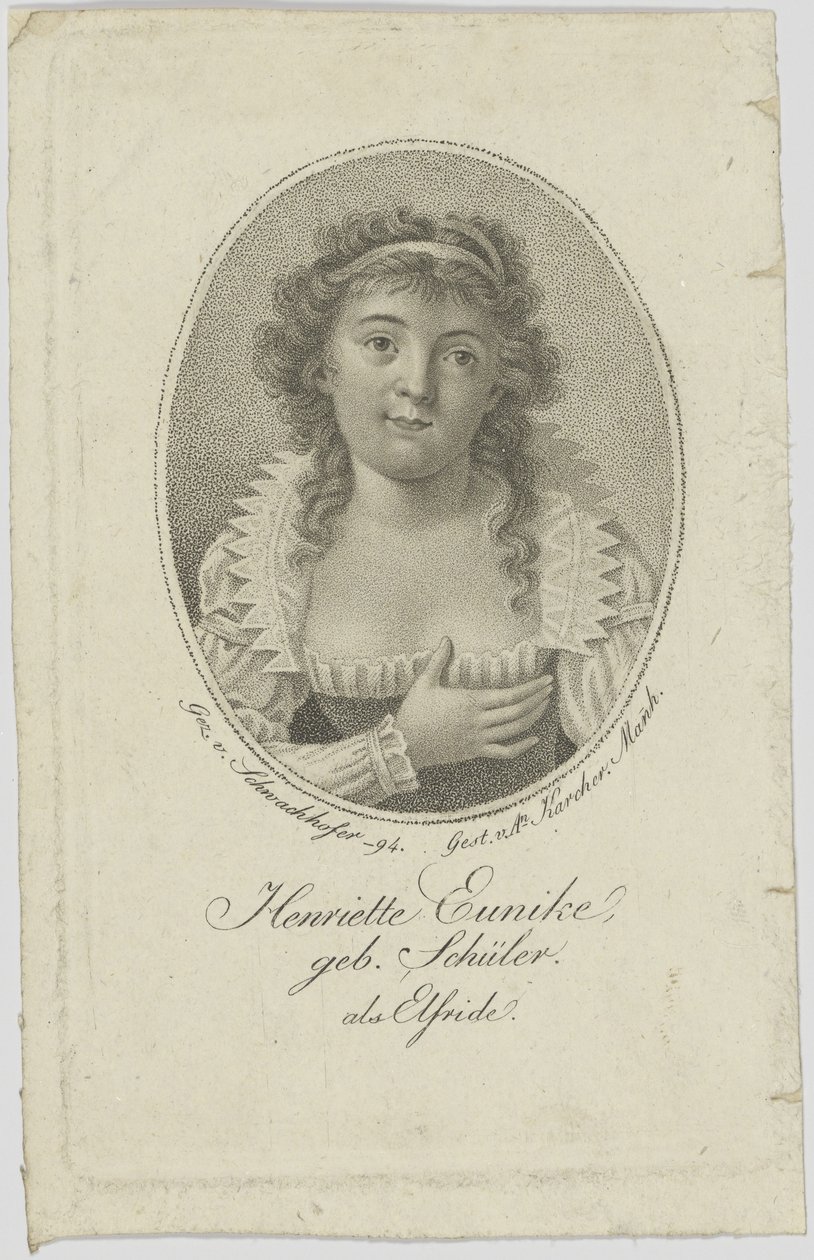 Porträtt av Henriette Hendel-Schütz, född Schüler 1772-1849 som Elfride, 1794. av Unbekannt
