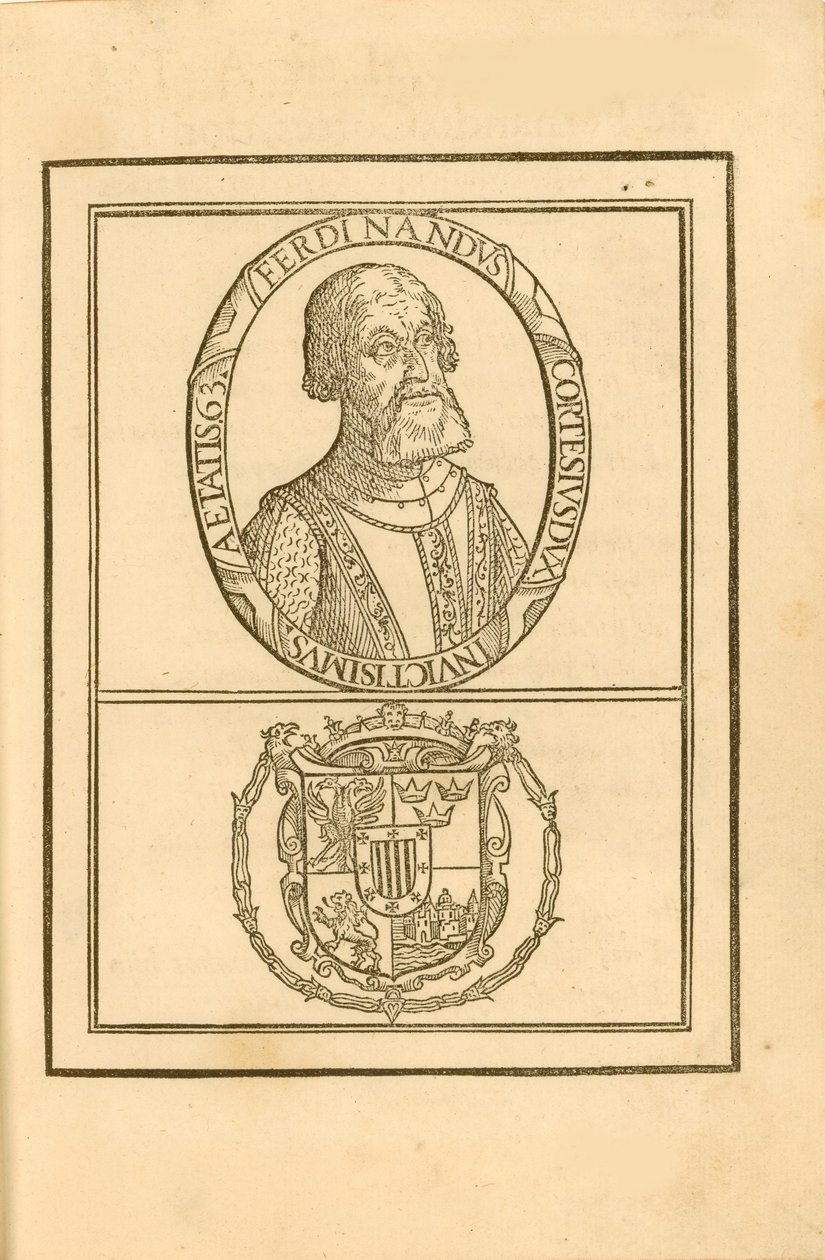 Porträtt av Hernán Cortés 1485-1547 med hans vapen, 1588. av Unbekannt