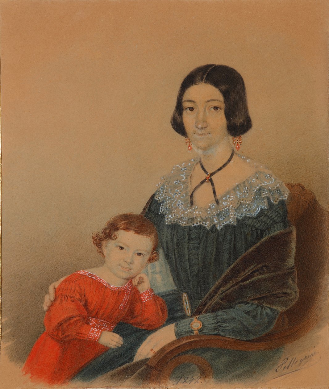 Porträtt av Maria Prokhorovna Krivtsova med sonen Alexander, 1841 av Unbekannt
