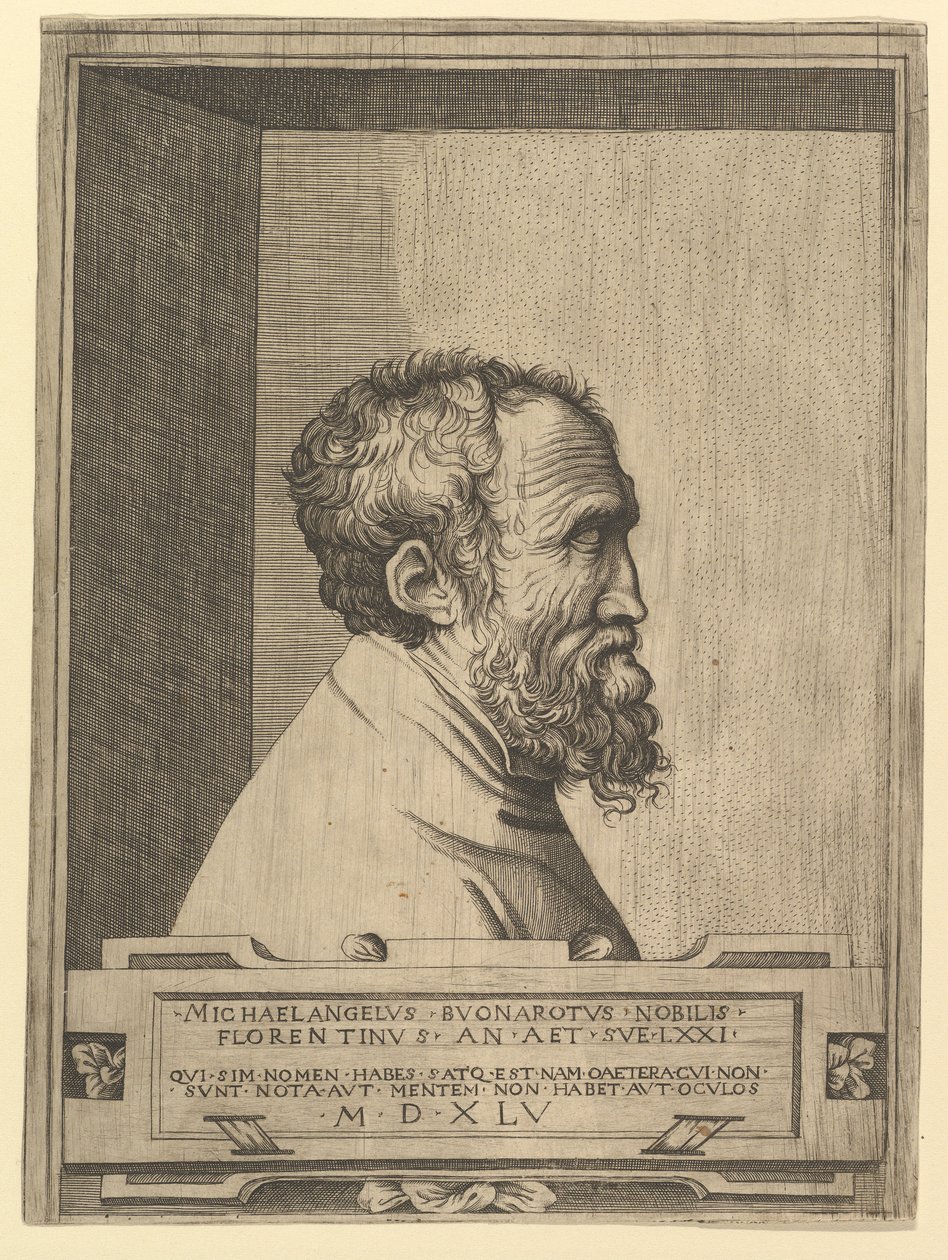 Porträtt av Michelangelo i profil som vetter åt höger i ett urtag, 1545. av Unbekannt