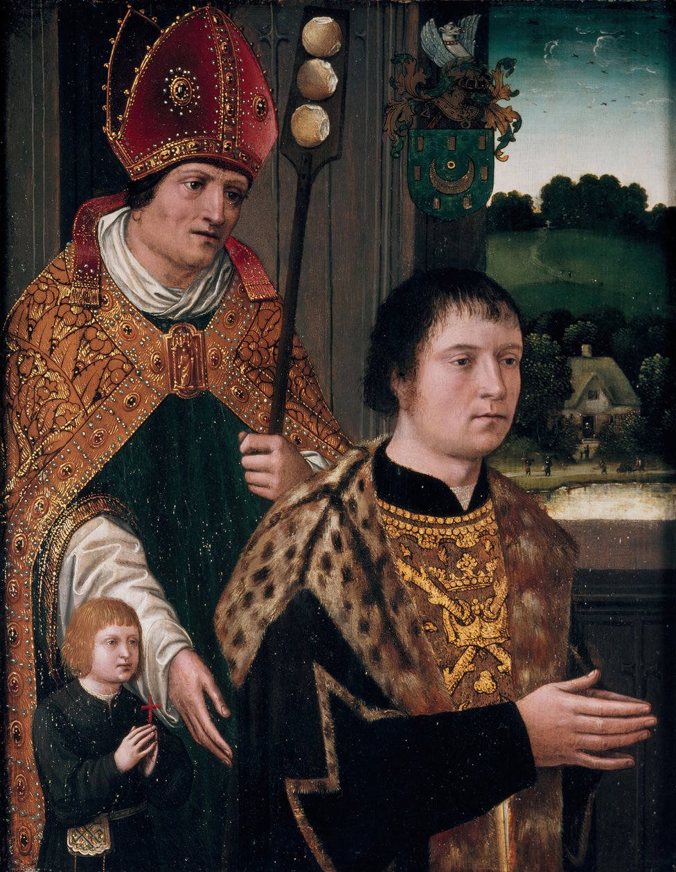 Porträtt av Nicholas Gaze och hans son och St Nicholas, 1525. av Unbekannt